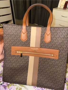 Michael Kors Brown and Tan Signature Stripe Tote with Zip Pocket